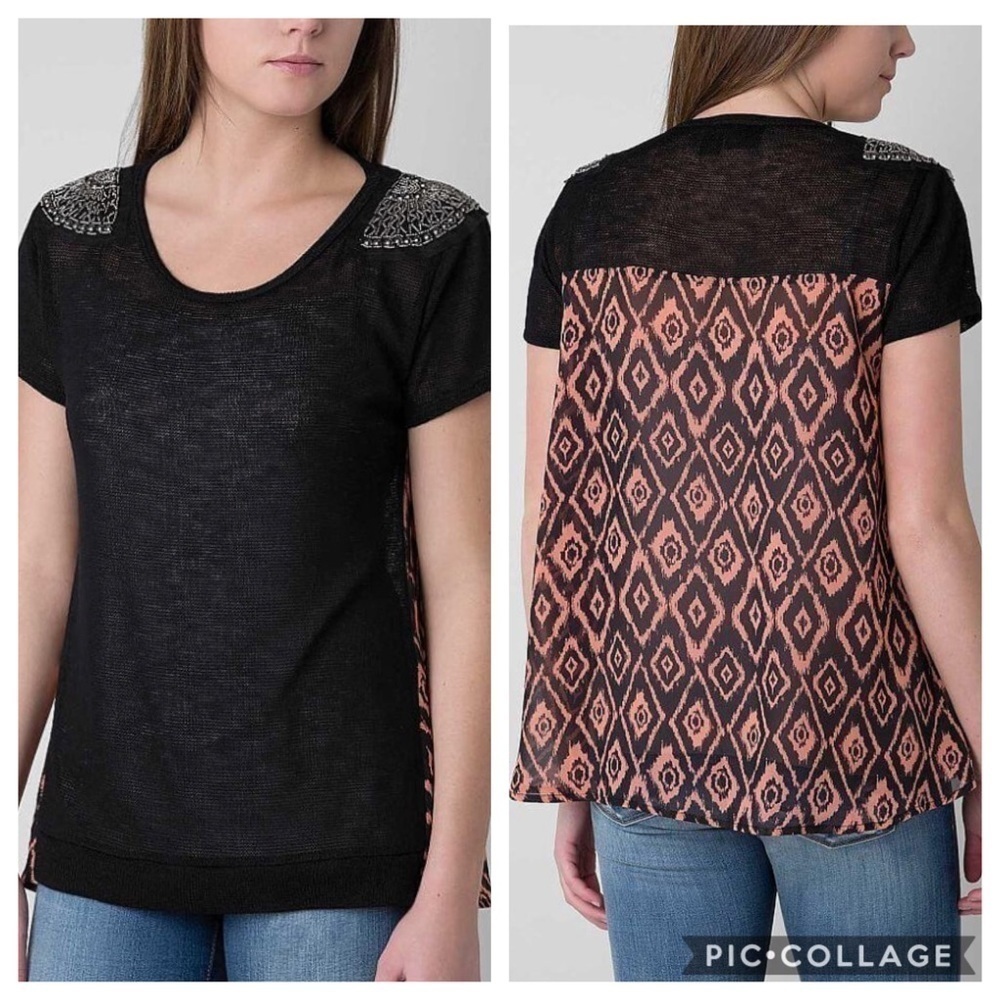 NWOT Daytrip Black Knit Beaded Sheer Tribal Top